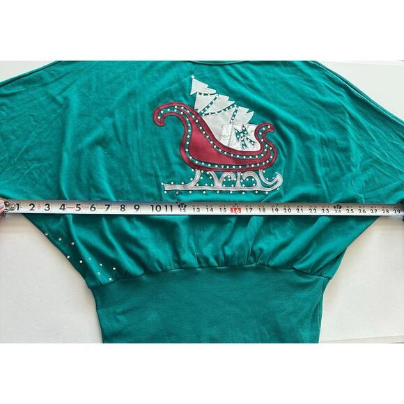 Vintage 80's Menehune Elves Green, Sleigh/Tree, Long Bat Sleeves Top-One Size - Picture 11 of 12